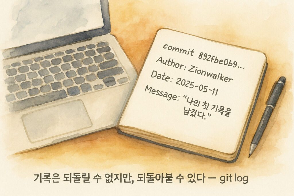 수채화 스타일의 노트북에 ‘commit’ 내용이 적힌 노트가 펼쳐져 있고, 펜이 옆에 놓여 있다. commit ID, 작성자 이름, 날짜, 메시지가 손글씨 느낌으로 적혀 있다.