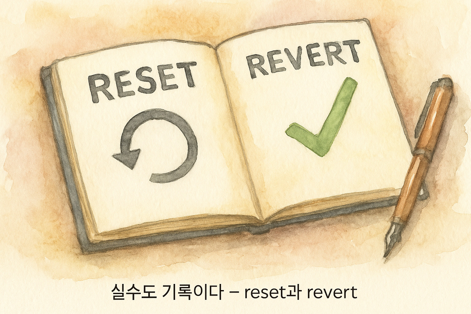 수채화 스타일의 노트에 ‘RESET’과 ‘REVERT’라는 글자가 각 페이지에 적혀 있고, 왼쪽에는 되돌림 아이콘, 오른쪽에는 초록색 체크표시가 그려져 있다.