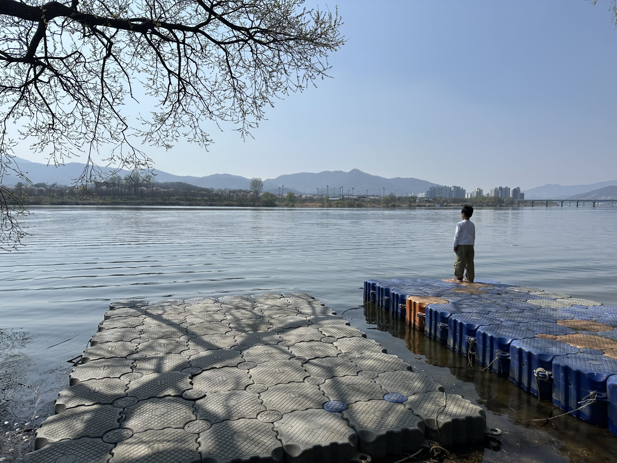 강 위 부교에 서 있는 아이의 뒷모습
